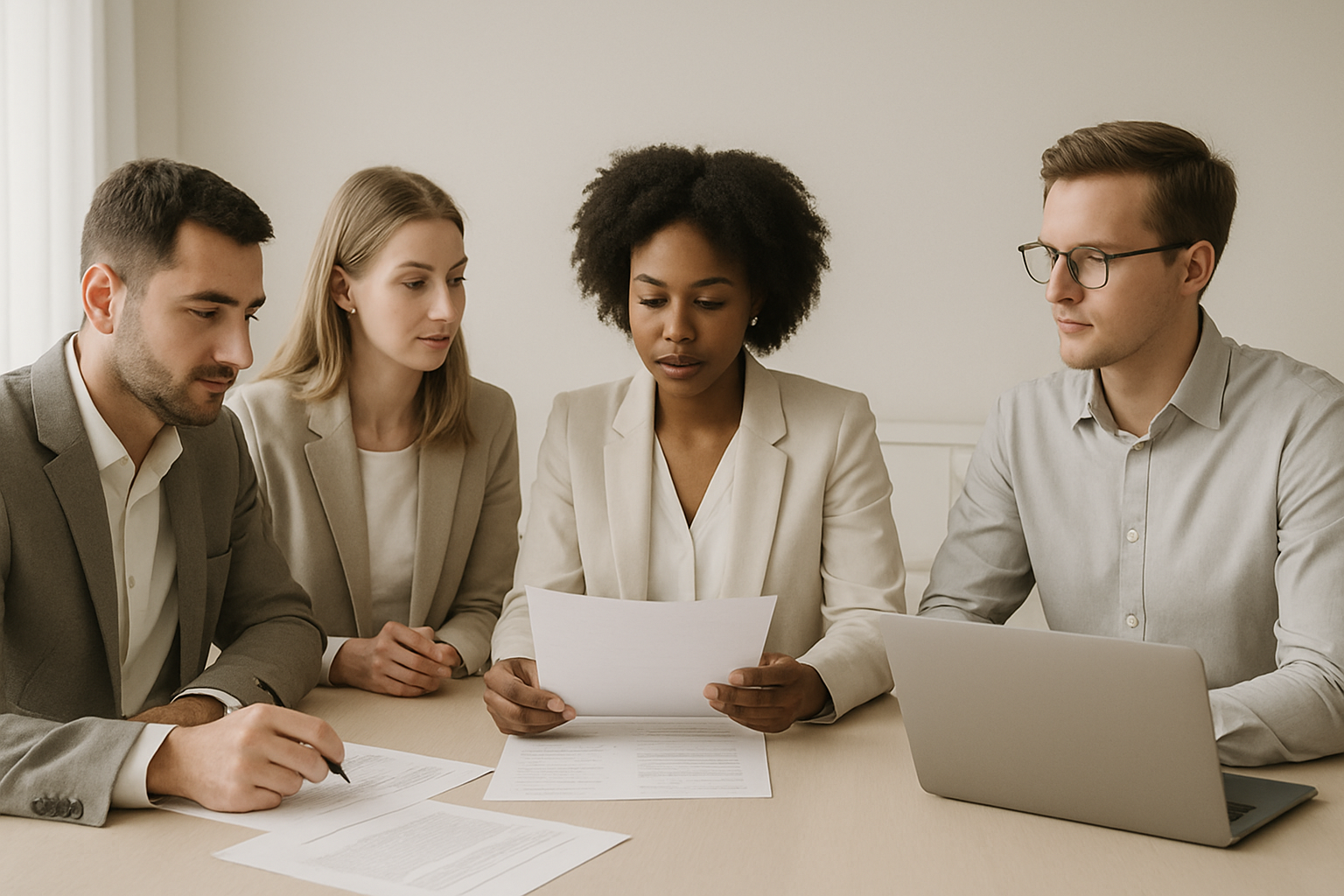 Equipe de trabalho reunida em mesa de reuniões
